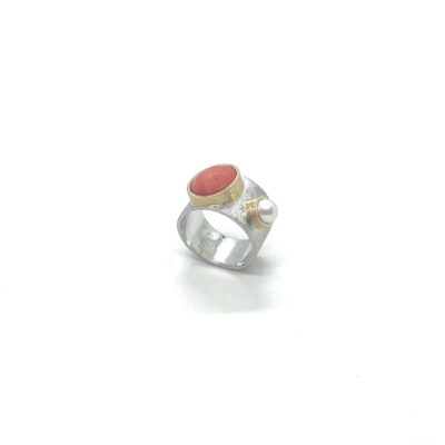 Anell plata or 18kt perla corall